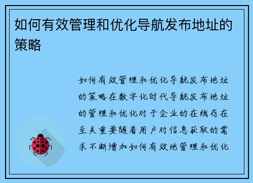 如何有效管理和优化导航发布地址的策略